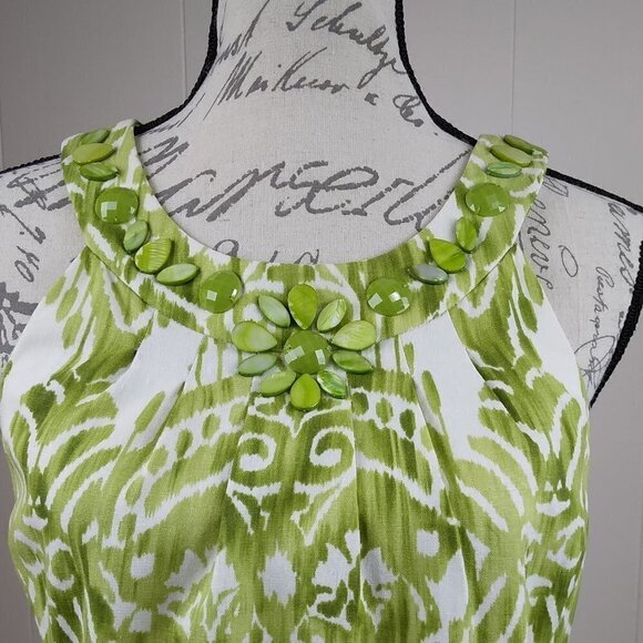 Jessica Howard |  Lime Green Patterned Linen Sheath Dress Embellished | Size 10P - Picture 2 of 9